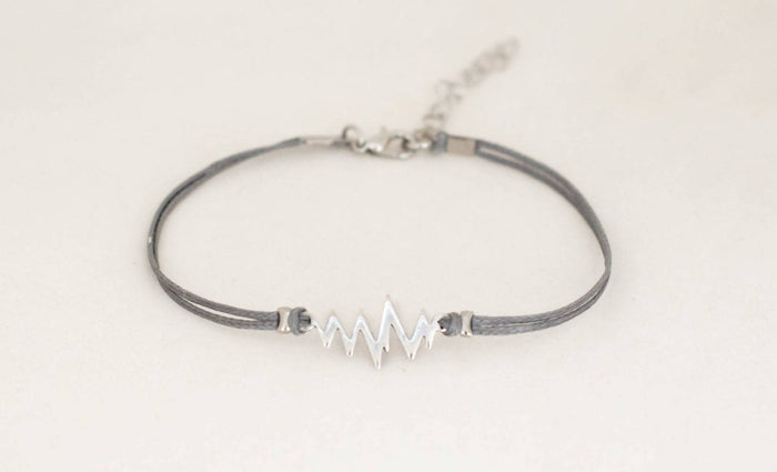 Silver Heartbeat women's bracelet, gray strings, adjustable, mothers day gift for her - shani-adi-jewerly