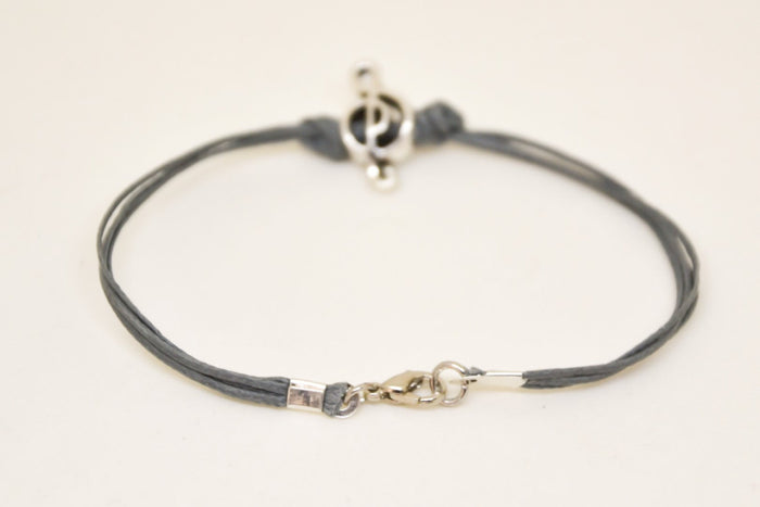 Silver Treble clef bracelet for men, gray cords - shani-adi-jewerly