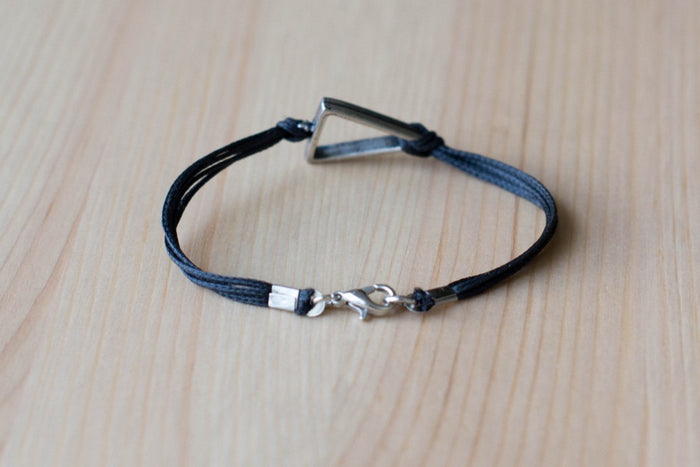 Silver triangle bracelet for men, mens bracelet with a black cord - shani-adi-jewerly
