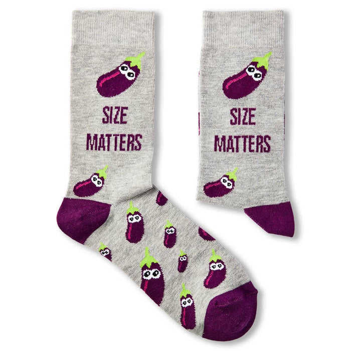 pair of Size Matters novelty socks laid flat showing full design