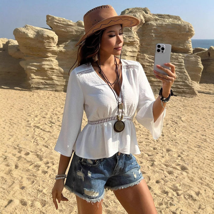 Solid Color Hollow-out Waist Inlaid Lace Shirt