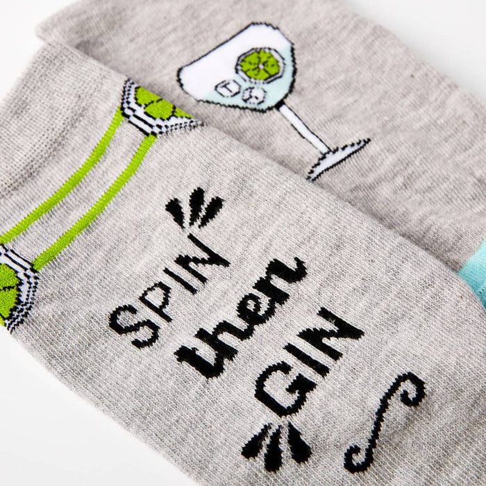 close up of spin then gin slogan on ladies novelty socks