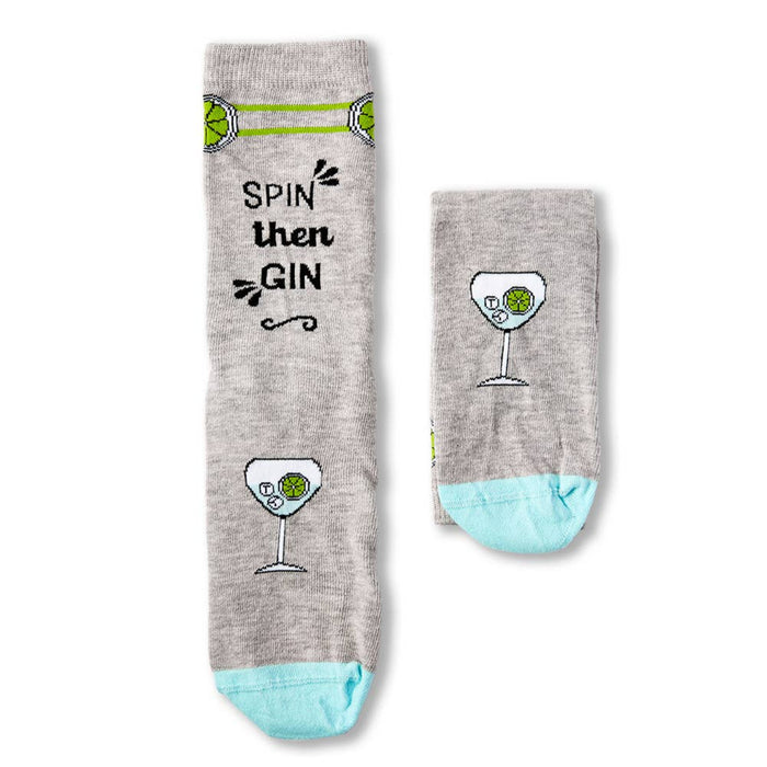 pair of ladies spin then gin socks with cocktail themed design
