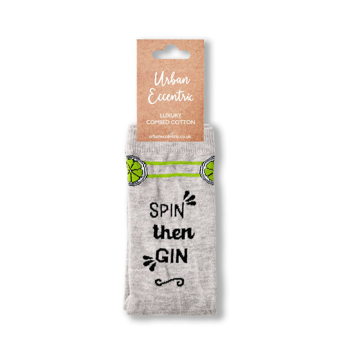 ladies novelty spin then gin socks with retail tag