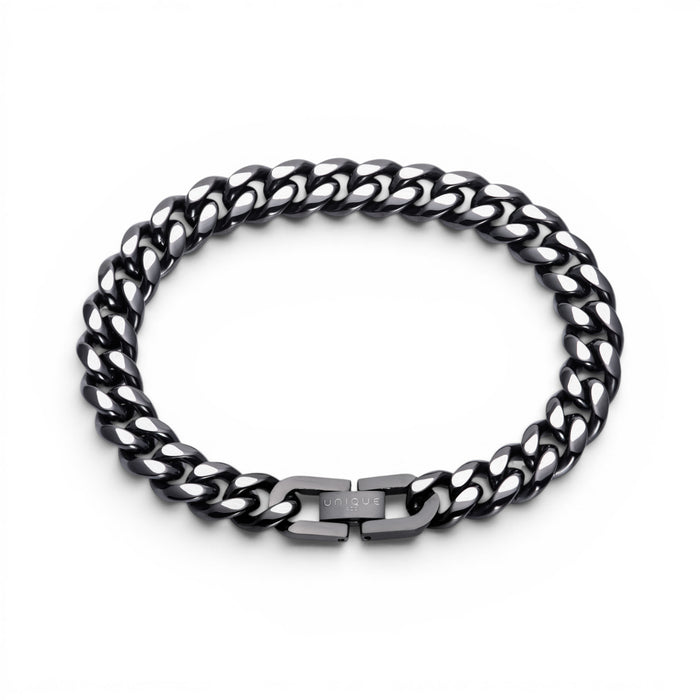 10mm stainless steel curb chain bracelet with black ion plated finish and secure clasp