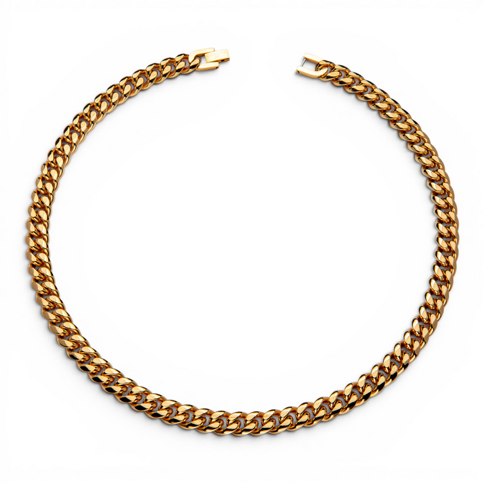 10mm gold stainless steel curb chain necklace full view on white background