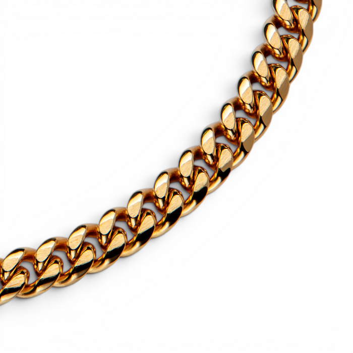 Close up of gold IP plated curb chain showing matte and polished links