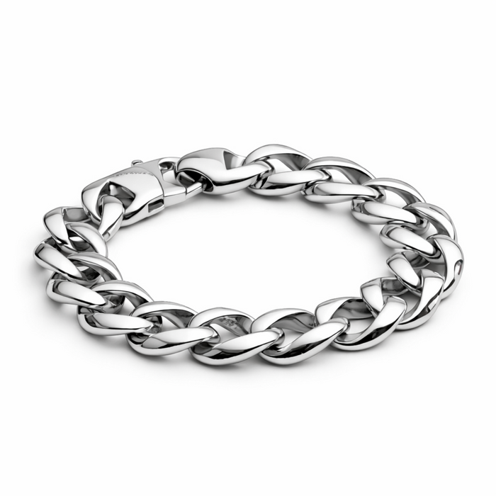 Stainless steel 15mm wide curb chain bracelet with polished hollow links and lobster clasp