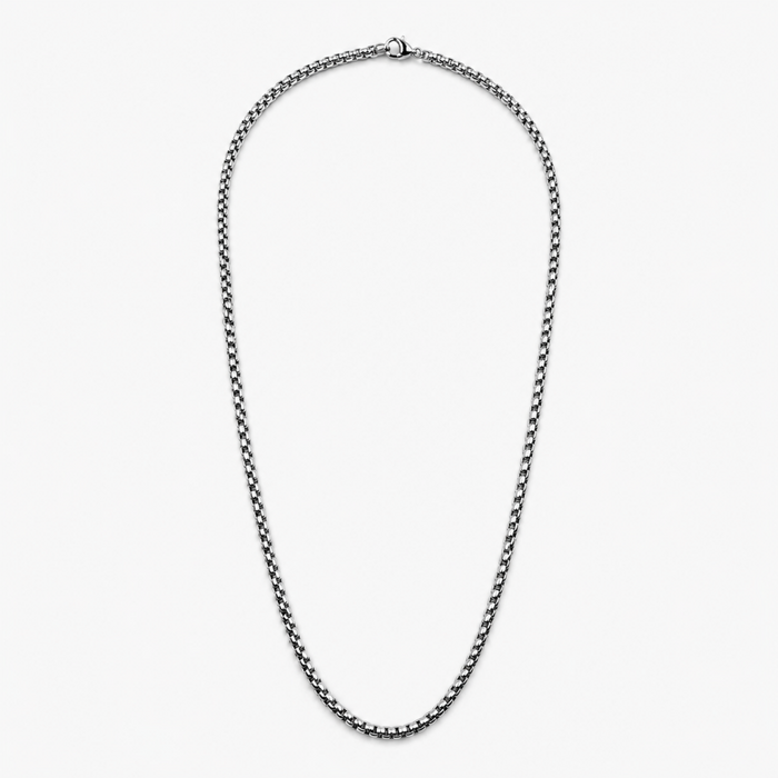 Stainless steel 3mm rounded box chain necklace full view on white background