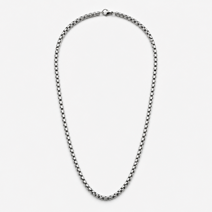 Stainless steel 4mm rounded box chain necklace full view on white background