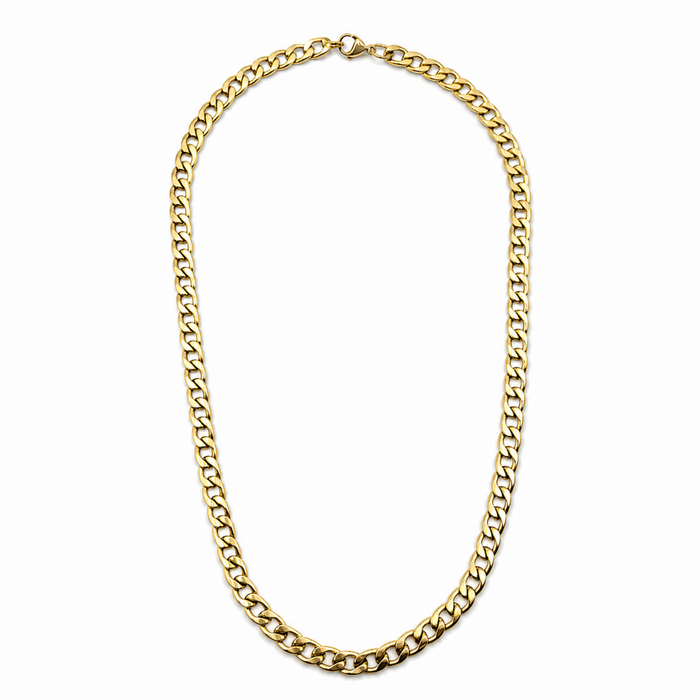 7.5mm gold stainless steel curb chain necklace full view on white background