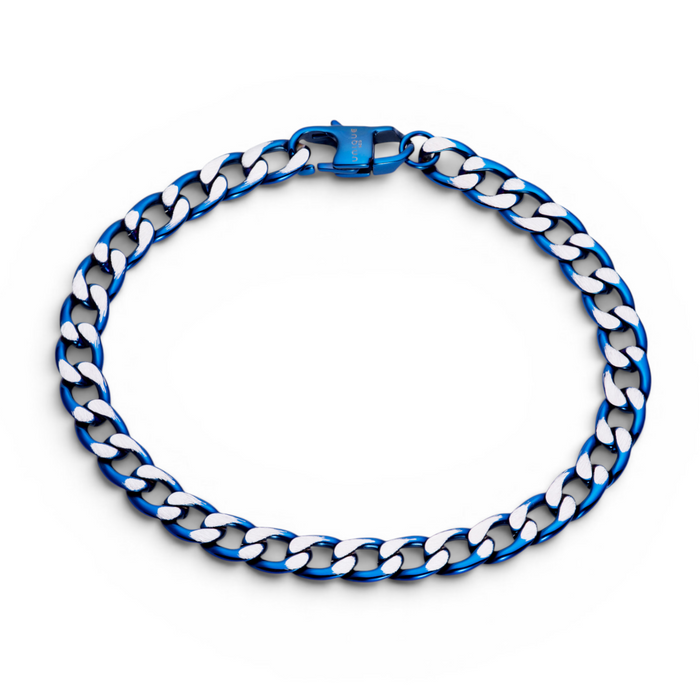 7mm stainless steel curb chain bracelet with blue ion plated finish and secure clasp
