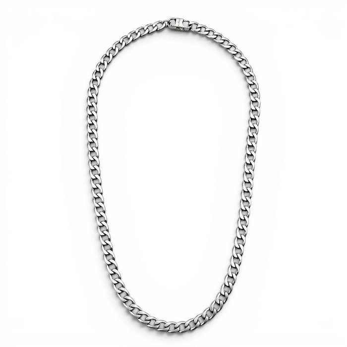 stainless steel 7mm curb chain necklace with polished finish on white background
