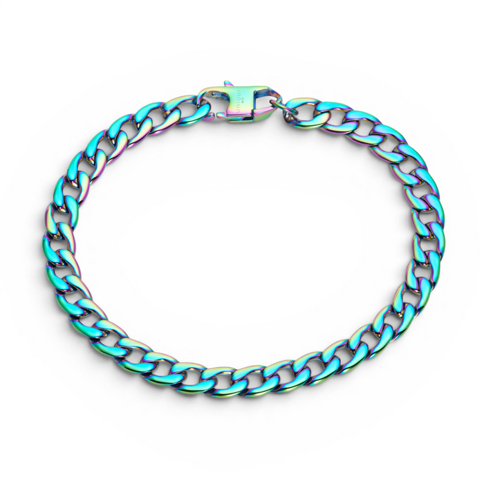 7mm stainless steel curb chain bracelet with rainbow ion plated finish and secure clasp