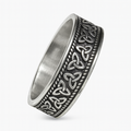 Stainless steel 8mm Viking Celtic knot ring with oxidised detailing and polished edges on a white background.