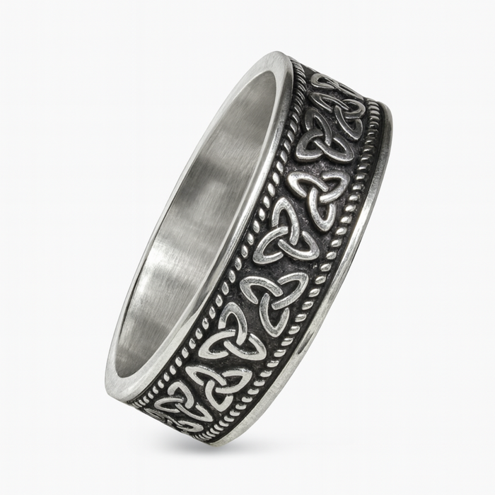 Stainless steel 8mm Viking Celtic knot ring with oxidised detailing and polished edges on a white background.