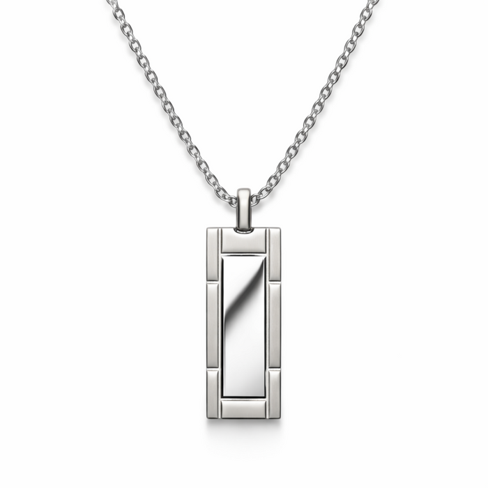 Stainless steel bar pendant necklace with polished centre and brushed edges on a 20 inch chain, shown on a white background