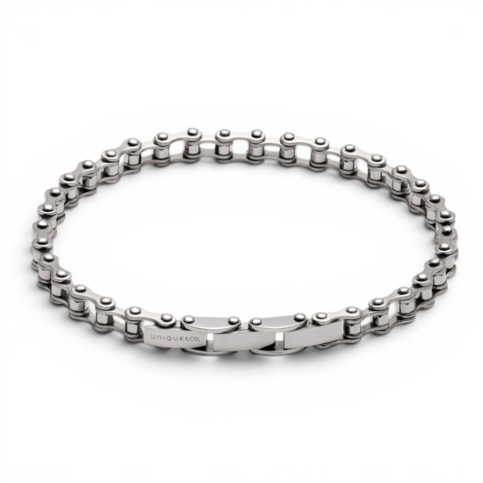 Stainless steel bike chain bracelet with contrasting satin and polished finishes