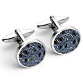 Stainless steel cufflinks with blue and black paisley pattern detail