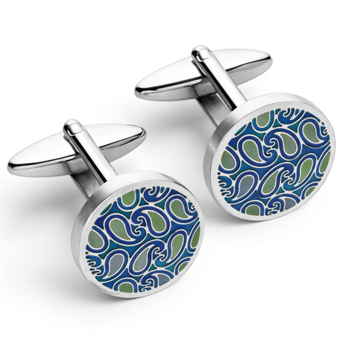 Stainless steel cufflinks featuring a blue and green paisley pattern
