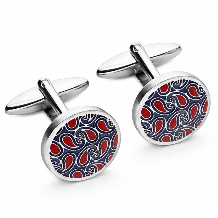 Stainless steel cufflinks featuring a blue and red paisley pattern