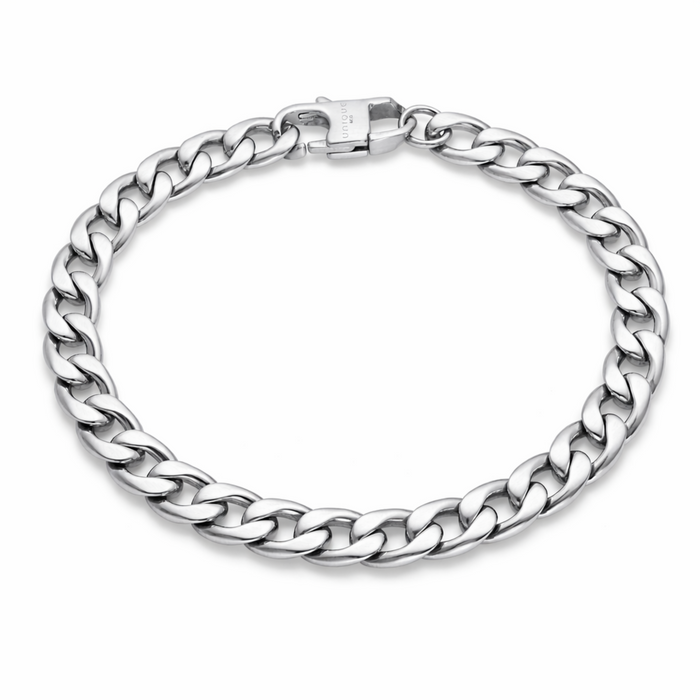 Stainless steel 7mm curb chain bracelet with flat interlocking links and matte finish