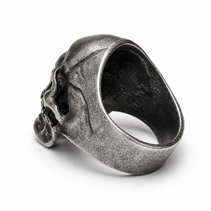 Rear view of a stainless steel skull ring showing the tapered band and textured vintage stainless steel finish on a white background.