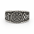 Front view of a stainless steel Vegvisir ring featuring the Viking compass symbol and detailed Norse engraving