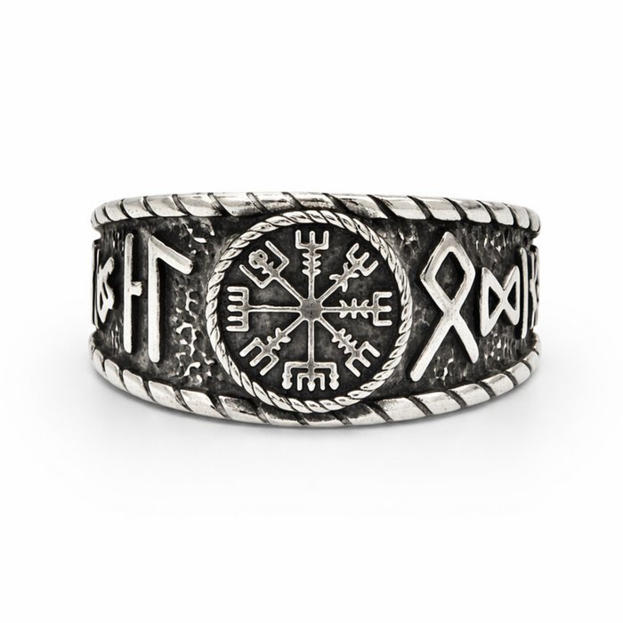 Front view of a stainless steel Vegvisir ring featuring the Viking compass symbol and detailed Norse engraving