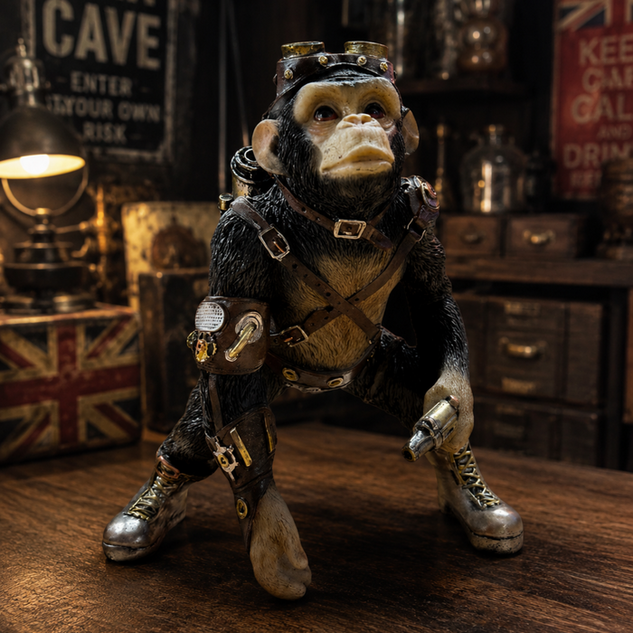 Steampunk resin jetpack monkey ornament in a vintage industrial man cave setting