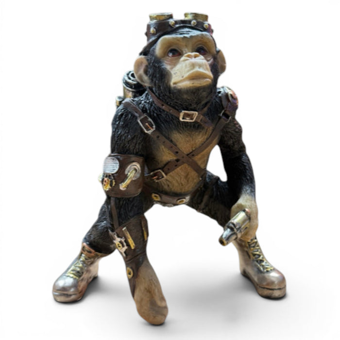 Front view of steampunk resin monkey ornament with retro jetpack and metallic details