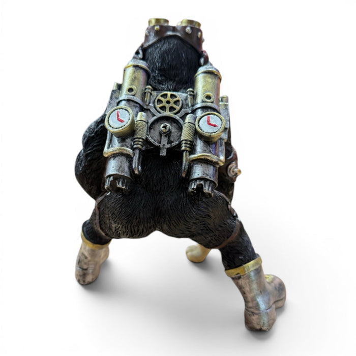 Rear view of steampunk monkey ornament showing detailed brass style jetpack and boots