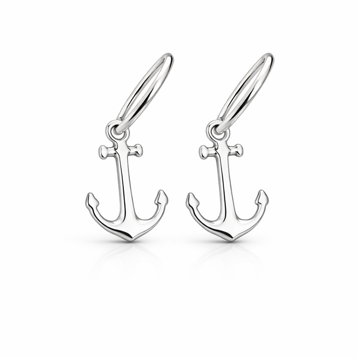 Sterling silver anchor hoop earrings with nautical design on a clean white background