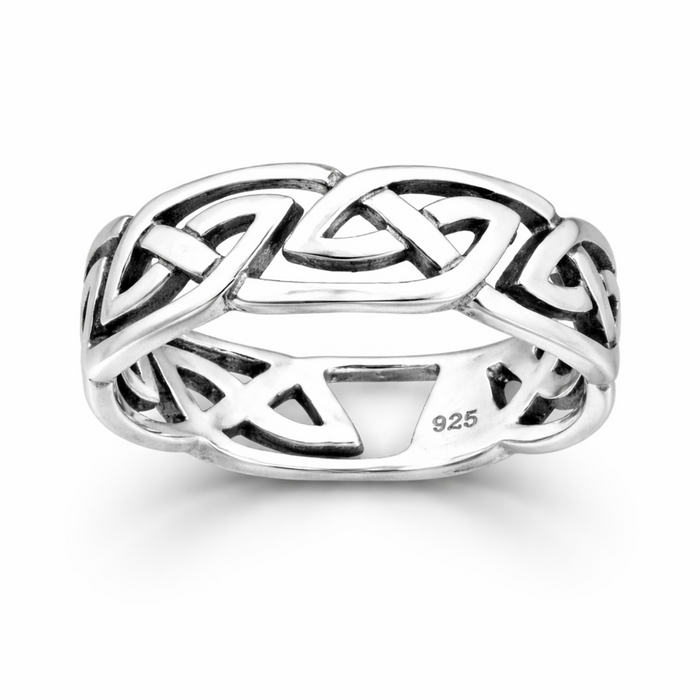 Sterling silver Celtic band ring with cut-out knot design on a clean white background