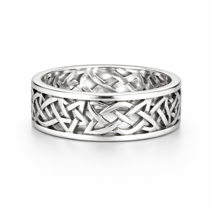 Sterling silver Celtic knot ring with openwork woven design on a clean white background