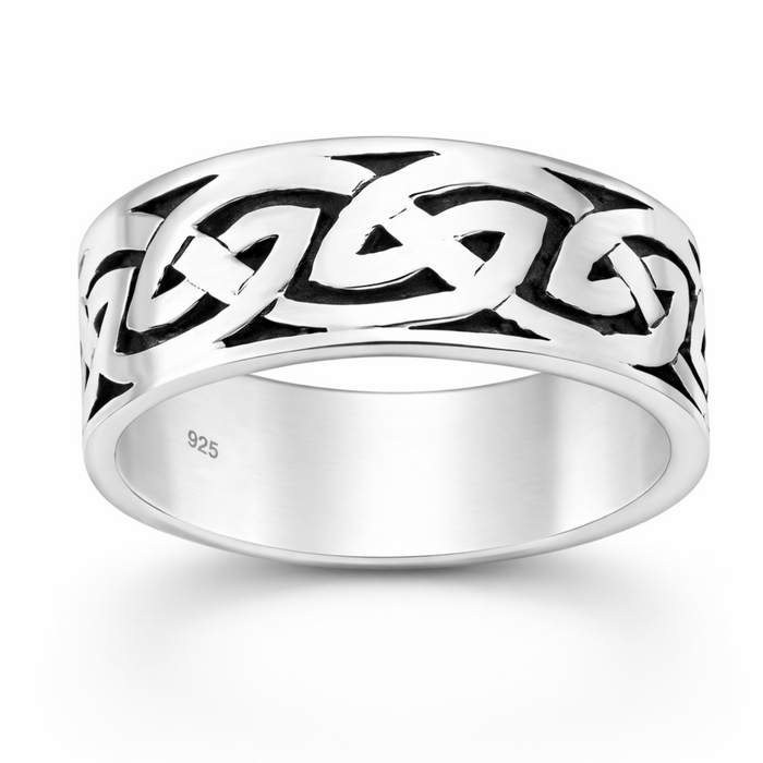 Sterling silver Celtic knot ring with oxidised detail on a clean white background