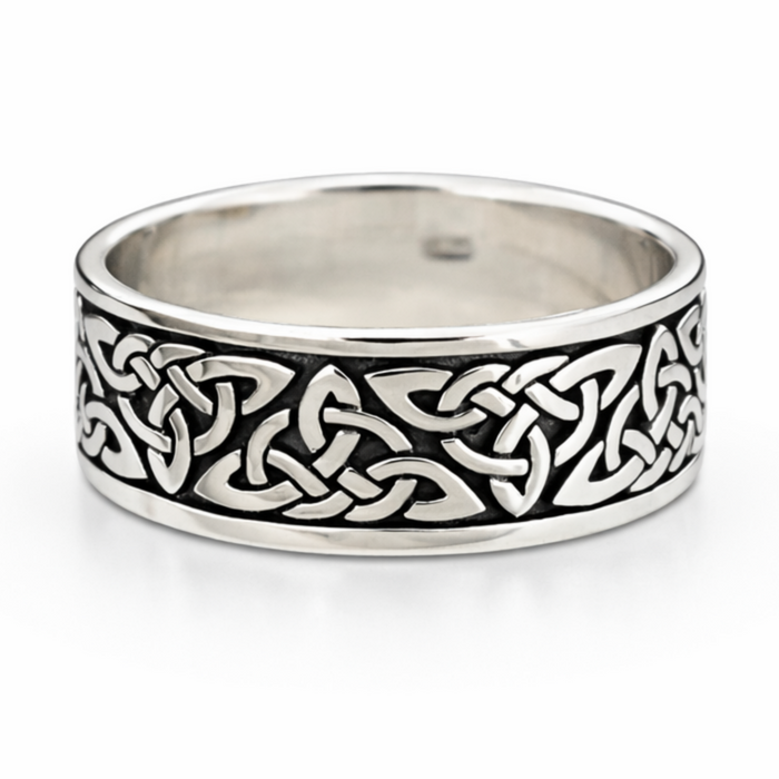 Sterling silver Celtic Trinity knot ring with oxidised detail on a clean white background