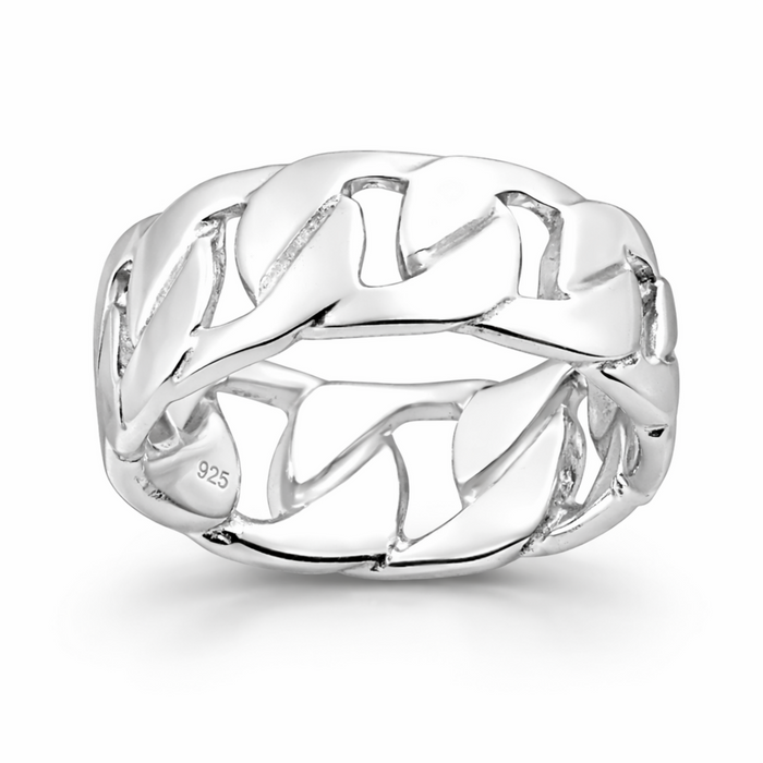Sterling silver curb chain ring with oxidised detail on a clean white background