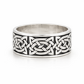 Sterling silver oxidised Celtic knot ring with detailed pattern on a clean white background