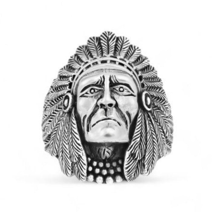 Sterling silver ring with an oxidized Indian head design on a white background