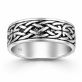 Sterling silver oxidised Celtic band ring with detailed knot pattern on a clean white background
