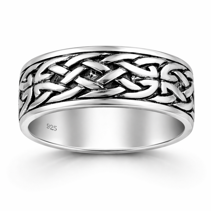 Sterling silver oxidised Celtic band ring with detailed knot pattern on a clean white background
