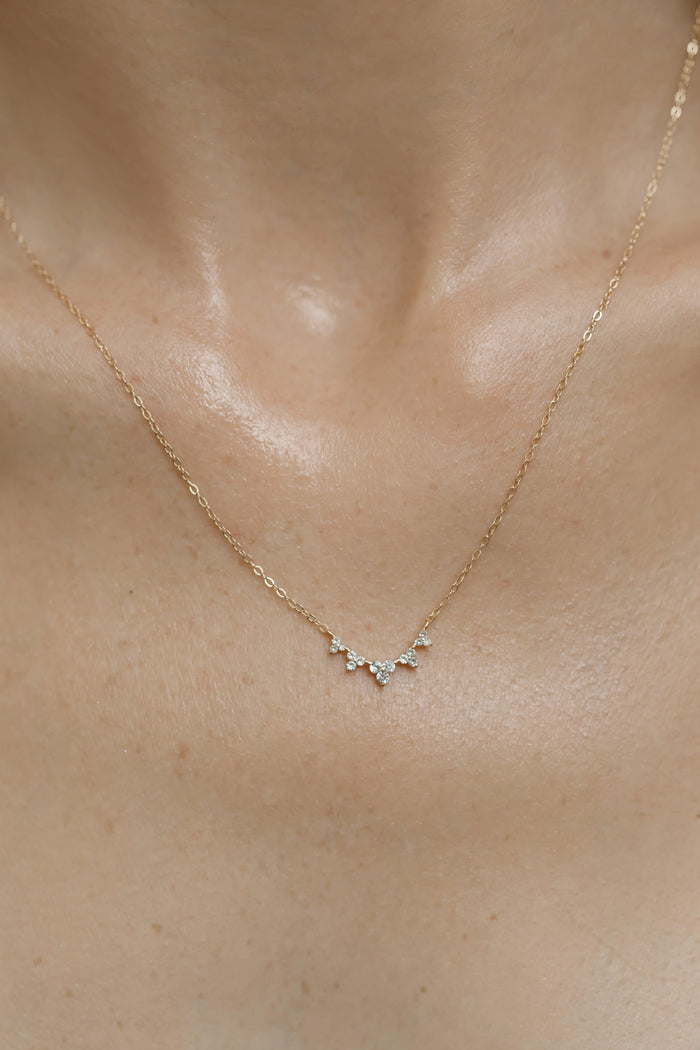 The Stillness Necklace by LLUME Jewelry features small, sparkling stones and sits delicately on the neck and collarbone, making it an ideal mindfulness accessory.