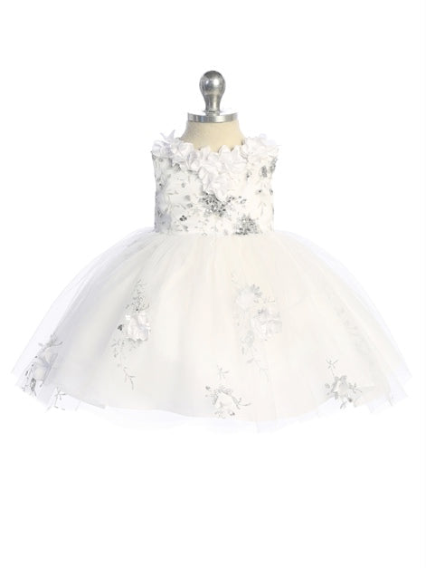 STUNNING 3D FLOWER BODICE WITH A MESH OVERLAY SKIRT WITH 3D  FLOWER APPLIQUE
