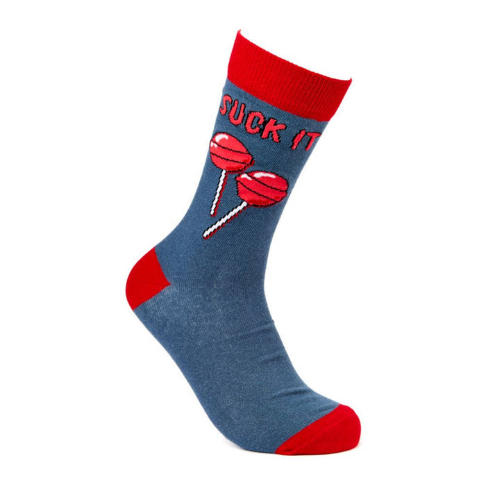 novelty socks with bold slogan and lollipop design