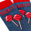 close up of slogan design on funny novelty socks