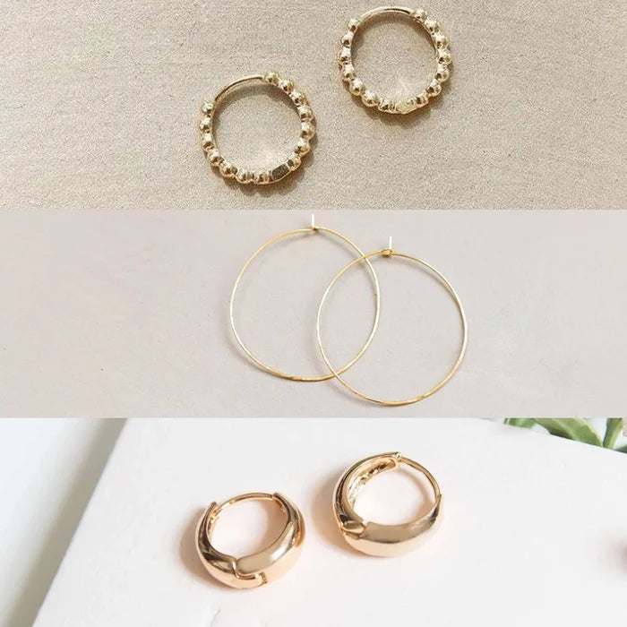 The Summer Shine Set by LLUME Jewelry features three pairs of gold hoop earrings—beaded hoops, large thin hoops, and smooth chunky hoops—perfect summer stackers or best sellers, all beautifully displayed on neutral backgrounds.
