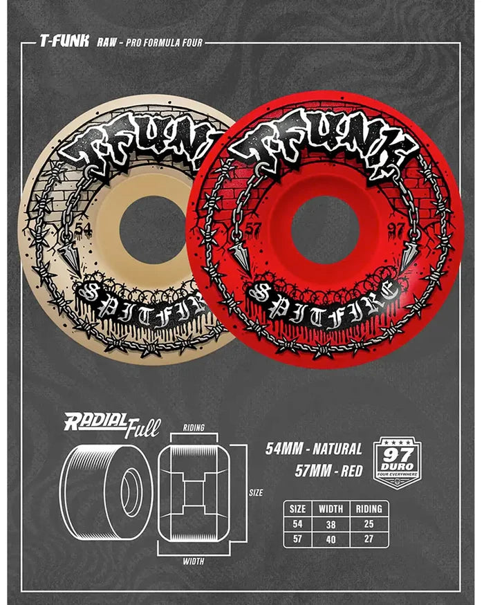 T-Funk Raw F4 99 Radial Full Skateboard Wheels - Red 57mm