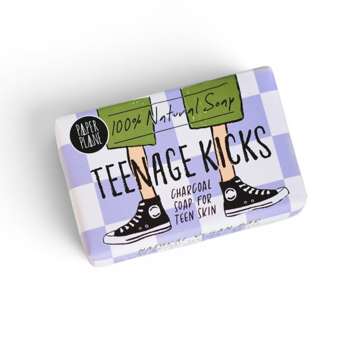 Paper Plane Teenage Kicks charcoal soap bar for teen skin on white background