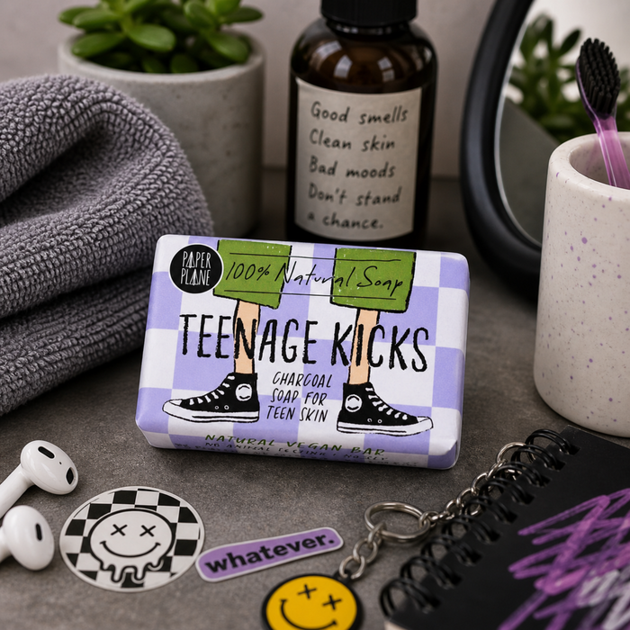 Paper Plane Teenage Kicks charcoal soap bar in teenager inspired bathroom setting